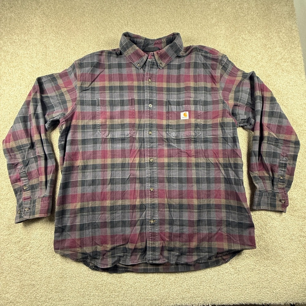 Carhartt Mens 2XL Relaxed Fit Plaid Button Down Shirt Burgundy Grey Long Sleeve